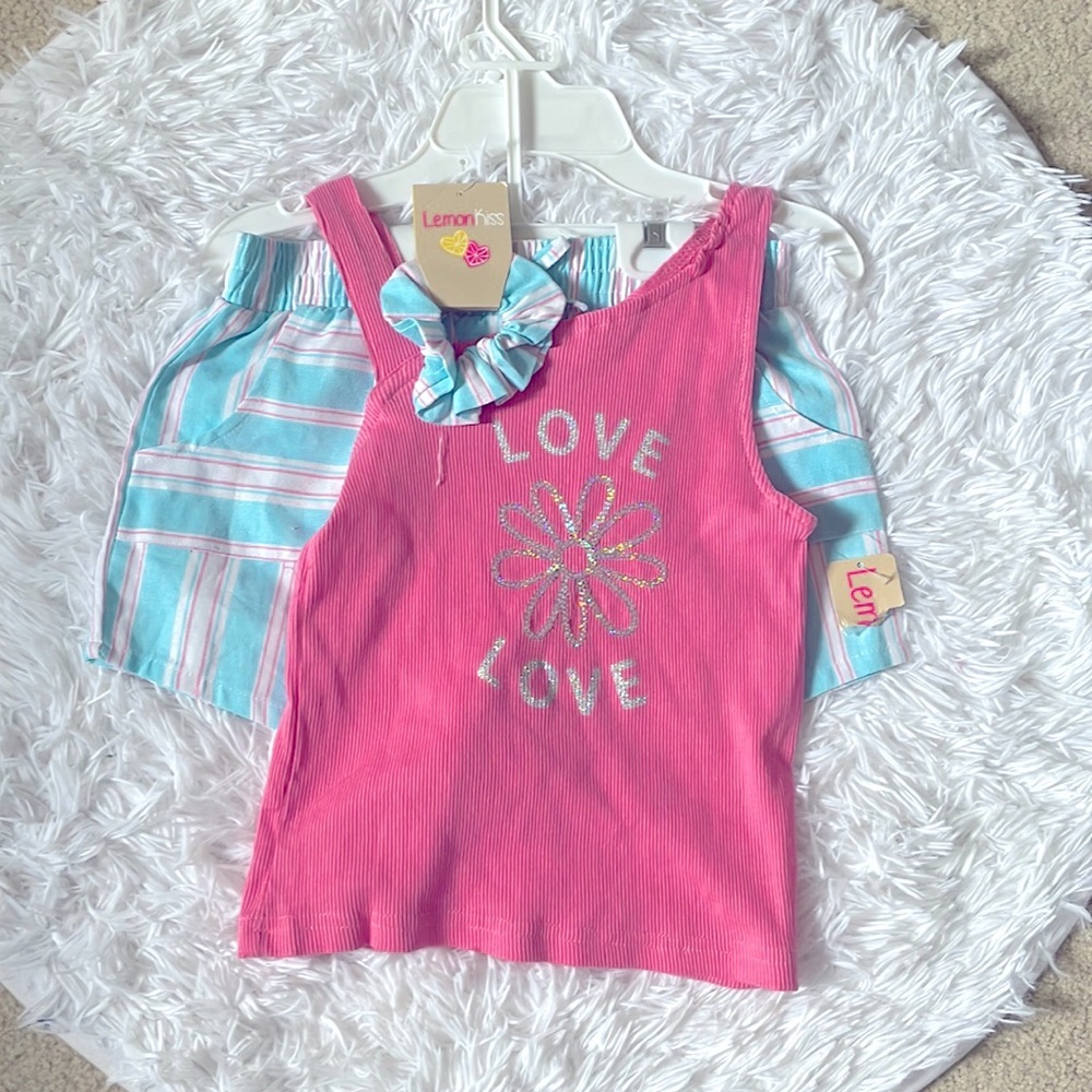 Lemon Kiss Girls Shorts and Tank Set with scrunchie